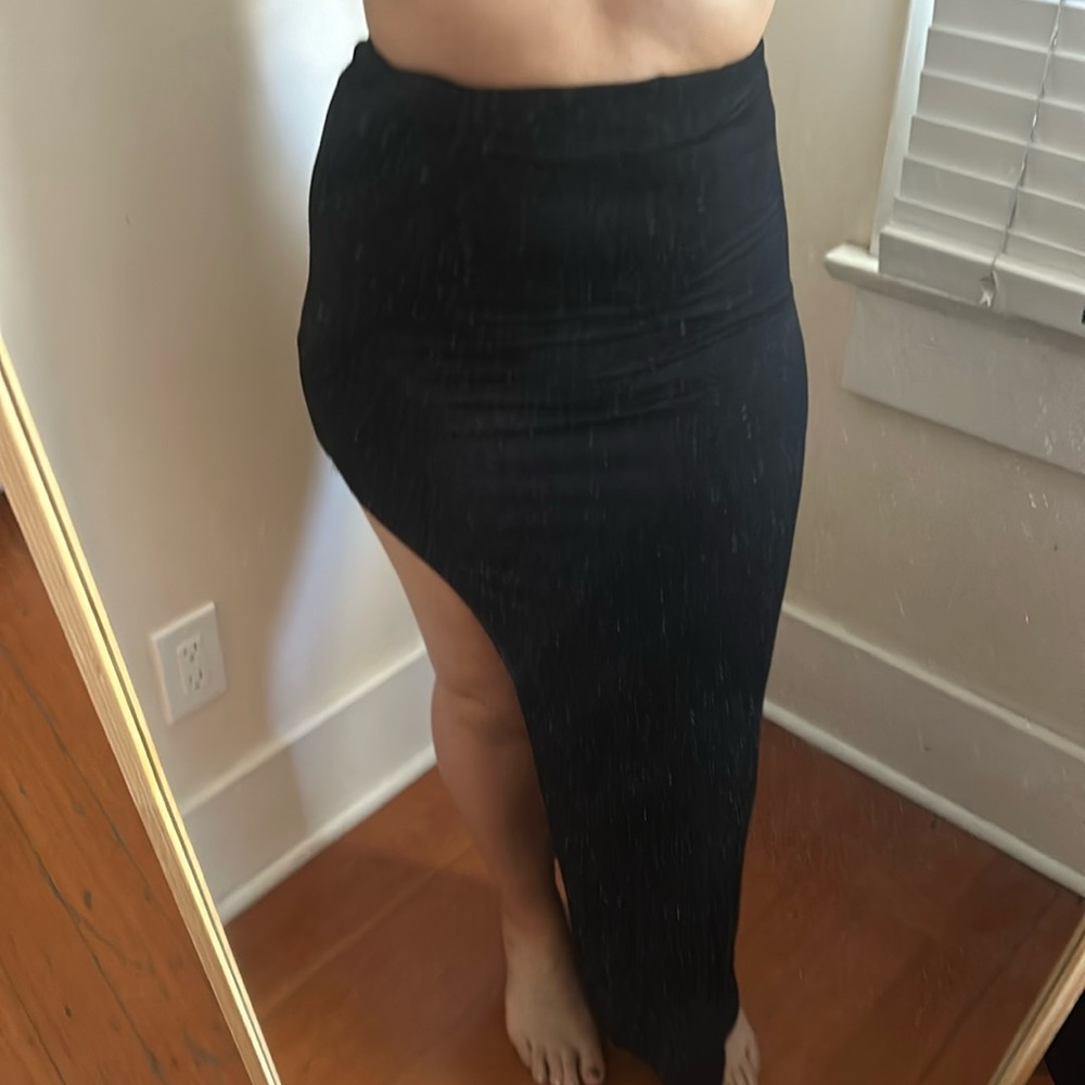 A+ Ellen Black Asymmetrical High Deep Side Slit High Waisted Long Maxi Skirt